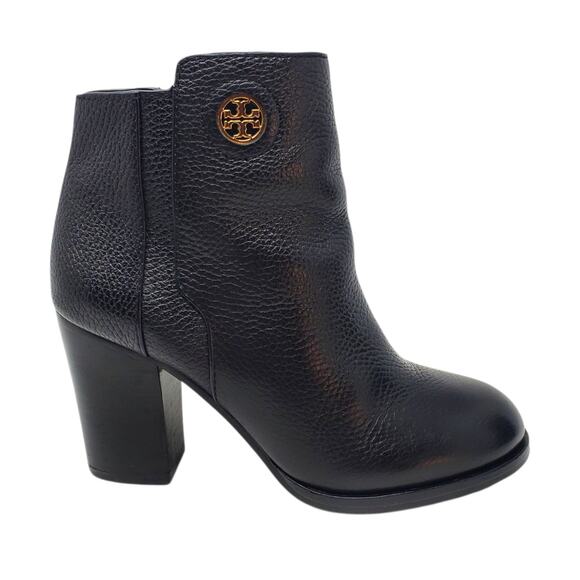 Tory Burch Junction Ankle Heel Boots Zip Moto Pebbled Leather Black Size 7 - Picture 1 of 9